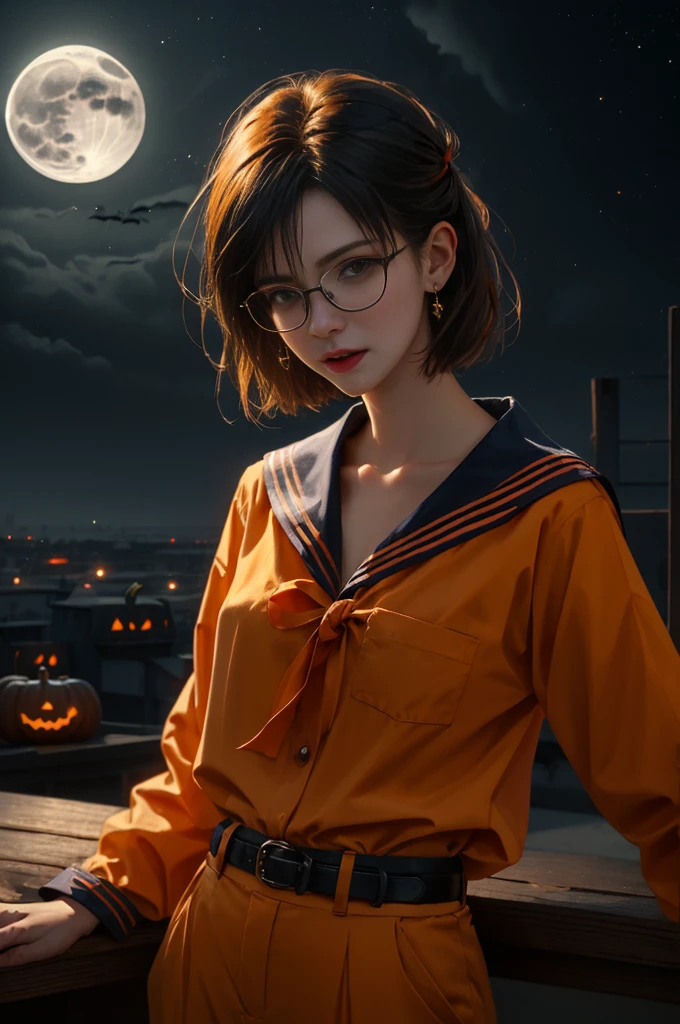 (Halloween Vampire theme:1.3), Eldritch Monster, Upper body photograph (elegant) A vampire woman stands on a rooftop under a red full moon., Vampire fangs, ivory, Show me your fangs., Wearing an orange Halloween costume, (A combination of orange sailor suit and work pants:1.3), (Orange themed clothing:1.3), wear glasses, (Smiling eyes:0.2),look at viewer, (table top, best quality:1.2), nonsense, perfect work of art, Trending on artstation, Highly detailed, delicate, (realistic, Virtual image:1.37), Portrait, light on face, detailed face, nighttime, nighttime situation, nighttime time, (moonlight:1.3), Twisted mustache、realistic, very sharp, Very detailed, Short bob haircut, Pixie Hair, smooth apart,