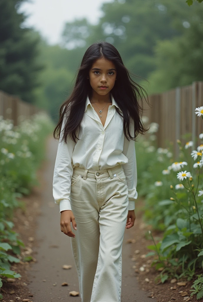 analog analog, grain, (Hyperdetailed Photography:1.2), (flash photography:1.3), Realistic, Imperfect, an incredibly cute (young:1.3) English girl called Brittany2, angelic face, (big eyes:1.1), (freckles in face:0.8), long dark-black feathered hair, blue detailed eyes, skinny, (large natural breasts:1.15), (linnen pants), (simple white blouse), stepping on the sloped path with flowers and wooden fence at Central Park in NYC, 1970s