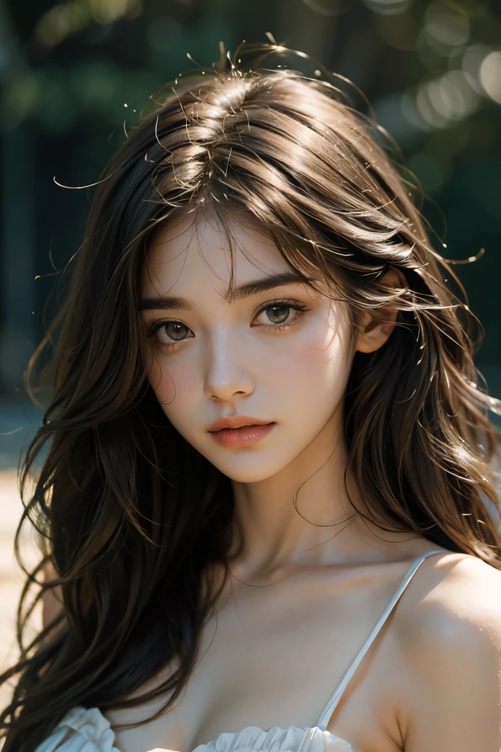 Film Portrait Photography, One girl, Exposing shoulders, Shoulder-length wavy hair, Calm, Calm, (Realistic eyes, Natural skin texture, Realistic facial details), Soft and dramatic lighting, Depth of written boundary, Bokeh, Vivid details, In detail, Surreal, 35mm Film, Blurred, movie,