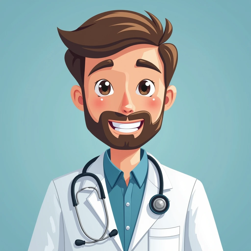 Can you create a profile picture for a 30 year old doctor in medical school? The doctor has a white coat and a stretoscope around his neck.