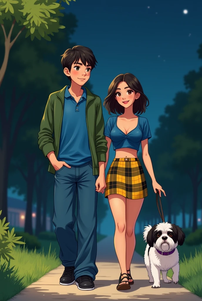 the boy wears glasses, Blue polo shirt and wide jeans with black sneakers, He wears a green sweater and has short hair.. The girl wears a tight yellow and black plaid skirt, a short blue strappy blouse and black sandals, He has medium-long hair. They are both thin. They are in the park at night walking with their only white shitzu dog with black spots., has a purple collar
