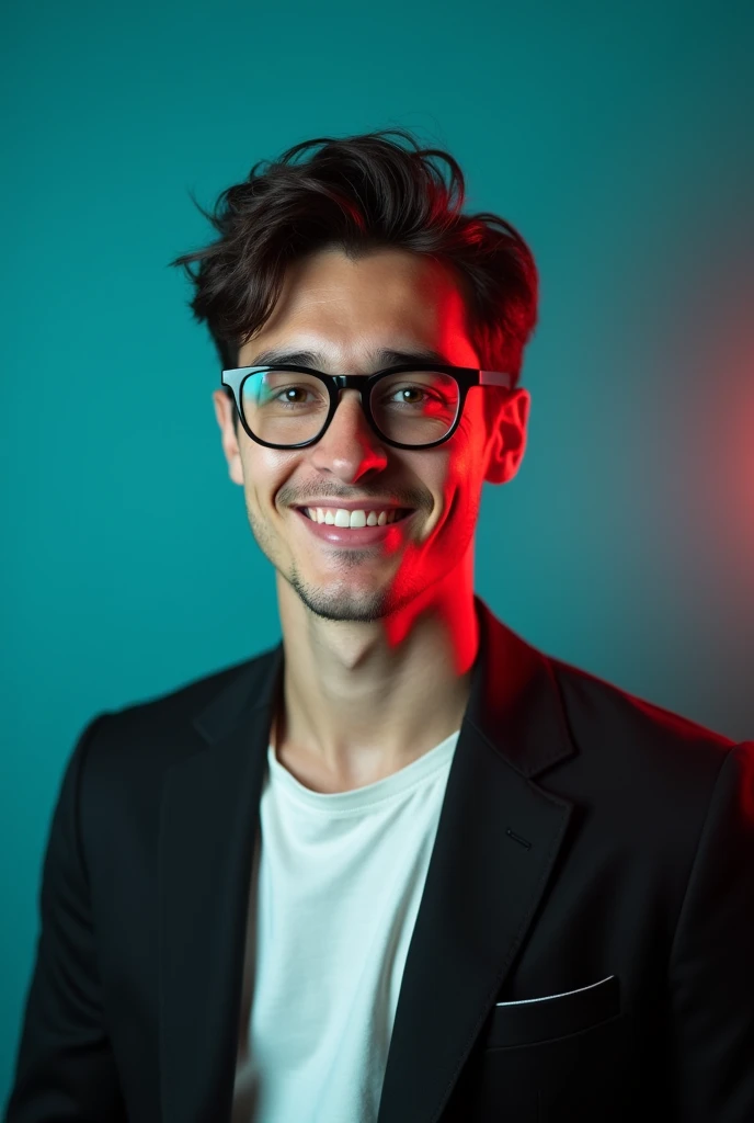 A young men with dark hair and a confident smile he is dress a black blazer over a white shirt and glass on eyes A man is positioned against aqua colour backdrop with a subtle red lighting of the rate site and posing for linkedin profile