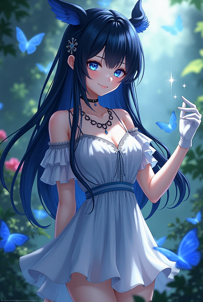 Demon slayer.has navy blue eyes with sparks.has dark black hair coveringe backside coloured with navy blue.has a white and light blue cute short dress. White gloves and black necklace, has a cld expression and the background is in the nice butterfly garden