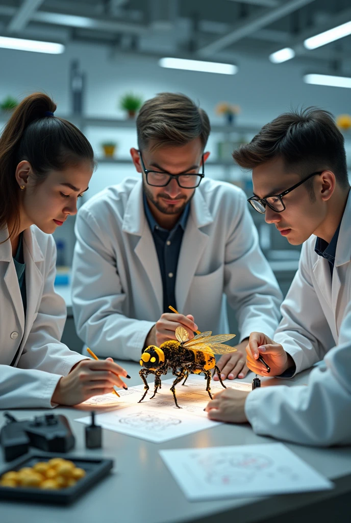 A visual of researchers and engineers collaborating in a lab, with bee pollinator robot prototypes on display.