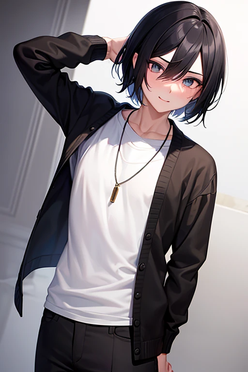 Highest quality, masterpiece, Androgynous male,Black Bob Hair,Slim body,White T-shirt,cardigan,necklace,Blushing, happiness/joy, In town