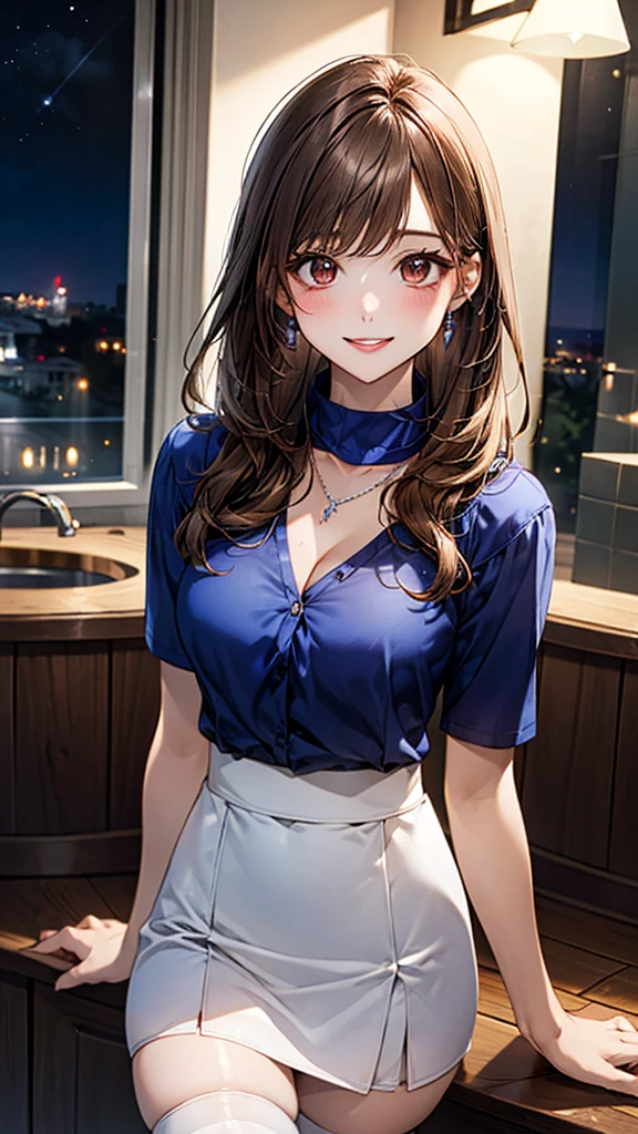 ((Highest quality, High resolution, masterpiece, detailed)),
Cowboy Shot, Written boundary depth, View your audience, Anatomically correct, woman, Shiny skin,
(Long Hair, Light brown hair),
Beautiful details, Beautiful Hair, Beautiful Face, Beautiful clavicle, Beautiful breasts, Beautiful body, Beautiful waistline, Beautiful thighs, Beautiful legs,
(Blue shirt with collar, White micro mini skirt, Red thigh-high stockings, Silver necklace), Cleavage,
(Beautiful views), night, (smile, Part your lips),