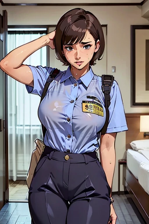 Big Breasts, Highest quality, masterpiece,(((Brown short hair))),Browsing Caution,(((Hotel Rooms))),(((Transparent with sweat))),(((Browsing Caution))),(,(((Take off your pants))),(Purple underwear)