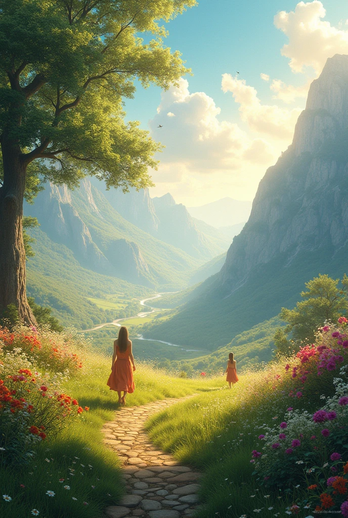 Heaven could be imagined as a vast, serene landscape where everything is bathed in soft, golden light. The sky might be a deep, endless blue, dotted with wispy clouds that drift lazily. Gentle breezes carry the scent of blooming flowers, and the air is filled with the harmonious sounds of birds singing and water flowing from crystal-clear streams.
The landscape is diverse, featuring lush, rolling hills, peaceful meadows filled with vibrant, colorful flowers, and grand mountains in the distance, their peaks dusted with snow. Majestic trees with sprawling canopies provide shade, and the ground beneath is carpeted with soft grass that feels like velvet underfoot.
In this heaven, everything feels perfect and harmonious. There's a sense of peace, where time moves gently and without hurry. People are content, living in harmony with one another, surrounded by loved ones, and filled with a deep sense of joy and fulfillment. It’s a place where worries fade away, and every moment is filled with tranquility and love.