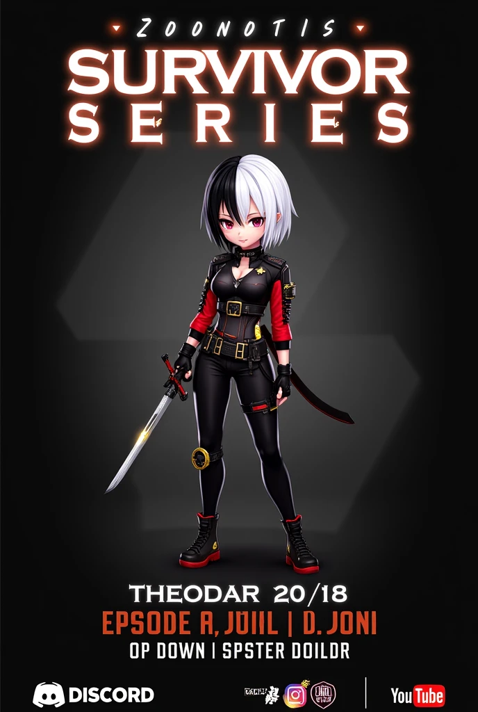 A promotional graphic for the Zoonotics Survivor Series featuring a stylized character with two-tone hair (black and white) wearing a dark outfit with red and gold accents. The character free fire holds a sword and stands against a dark background. The graphic includes the title SURVIVOR SERIES, details of a prize pool of 1000 INR, and mentions SLOT-60. Logos for Discord, Instagram, and YouTube are displayed in the footer, indicating social media connections.