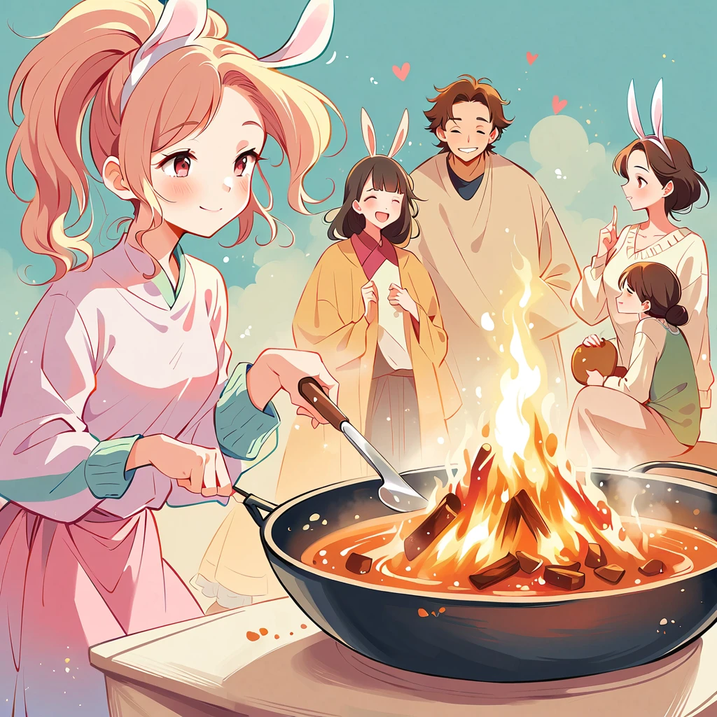 Simple line initialism，Abstract art，Urban Fund, Colored hearts ,(((The most beautiful girl of all time.))), On a bright red campus"Yeah"character、beautiful illustration, Best Quality, pretty girl, bedroom, pastel color, fluffy rabbit ears, , long silver hair, alert! alerta! Gather around the warm and welcoming theme of "bonfire" (bonfire). Capture the glow of flickering flames and the camaraderie of people sharing stories., cooking, or simply enjoy the warmth together.