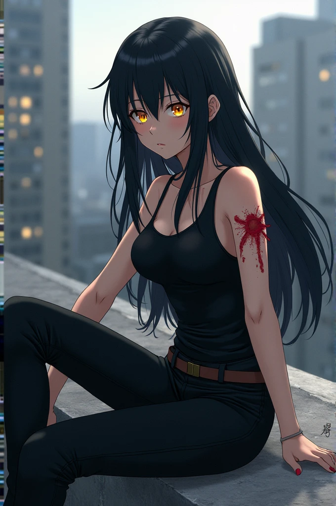 Oc Hunter x hunter. Jeune femme aux long cheveux noir et aux yeux orange dorés en certain endroit. She wears a tank top and combat pants, all black.. Elle est assise sur un toit et son epaule est légèrement blessé. Elle a un poignard dans une main, she is and pale