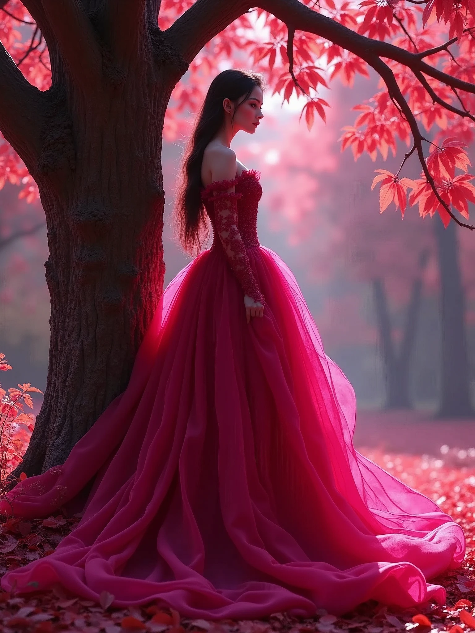 a woman in a white dress standing next to a tree, 8 k very red colors, by Eszter Mattioni, female vampire knight, fuchsia, monochrome color palate, covered in leaves, female figure in maxi dress, photographic color scheme blur, pink color scheme, colored layers