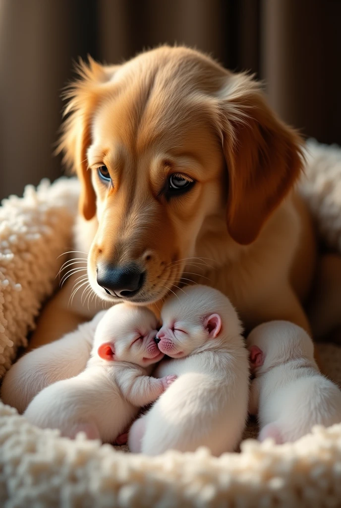 Photo of a golden retriever with her newborn puppies