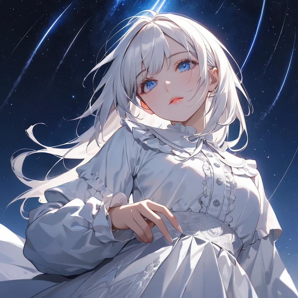 (top-quality),(masterpiece),Delicately drawn face,girl with a pretty face,beautiful detailed blue eyes,white fashion,((long sleeve white costume)),((white skirt)),(beautiful silky white hair:1.2),abstract,(view from below:1.3),night sky,darlness,(a lot of shooting stars),(cowboy shot:1.5),high contrast