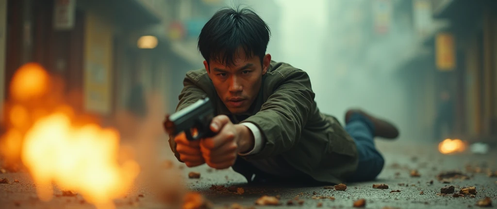 in the 1980s, em Hong Kong, china, a man holding two guns with both hands as he falls to the ground in an action scene, 独奏, shorth hair, Bblack hair, male focus, holding gun, blurred blurred background, fire weapon, realisitic, Asian, cinematographic, with action theme, ????????, Mira, objective, aiming, Kodak, movie style, movie style, film grain, film contrast, full of action, Seriously, acrobatics, Hong Kong action film style, Asian, cinematographic, with action theme, Mira, Mirando, aiming, Kodak, movie style, movie style, film grain, film contrast, full of action, Seriously, acrobatics, Hong Kong action film style, shallow depth of field, vignette, highy detailed, high budget, bokeh, cinemascope, temperamental, epic, comely, film grain, grainy

