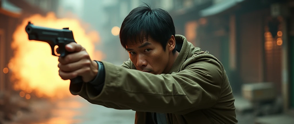 in the 1980s, em Hong Kong, china, a man holding two guns with both hands as he falls to the ground in an action scene, 独奏, shorth hair, Bblack hair, male focus, holding gun, blurred blurred background, fire weapon, realisitic, Asian, cinematographic, with action theme, violence, Mira, objective, aiming, Kodak, movie style, movie style, film grain, film contrast, full of action, Seriously, acrobatics, Hong Kong action film style, Asian, cinematographic, with action theme, Mira, Mirando, aiming, Kodak, movie style, movie style, film grain, film contrast, full of action, Seriously, acrobatics, Hong Kong action film style, shallow depth of field, vignette, highy detailed, high budget, bokeh, cinemascope, temperamental, epic, comely, film grain, grainy