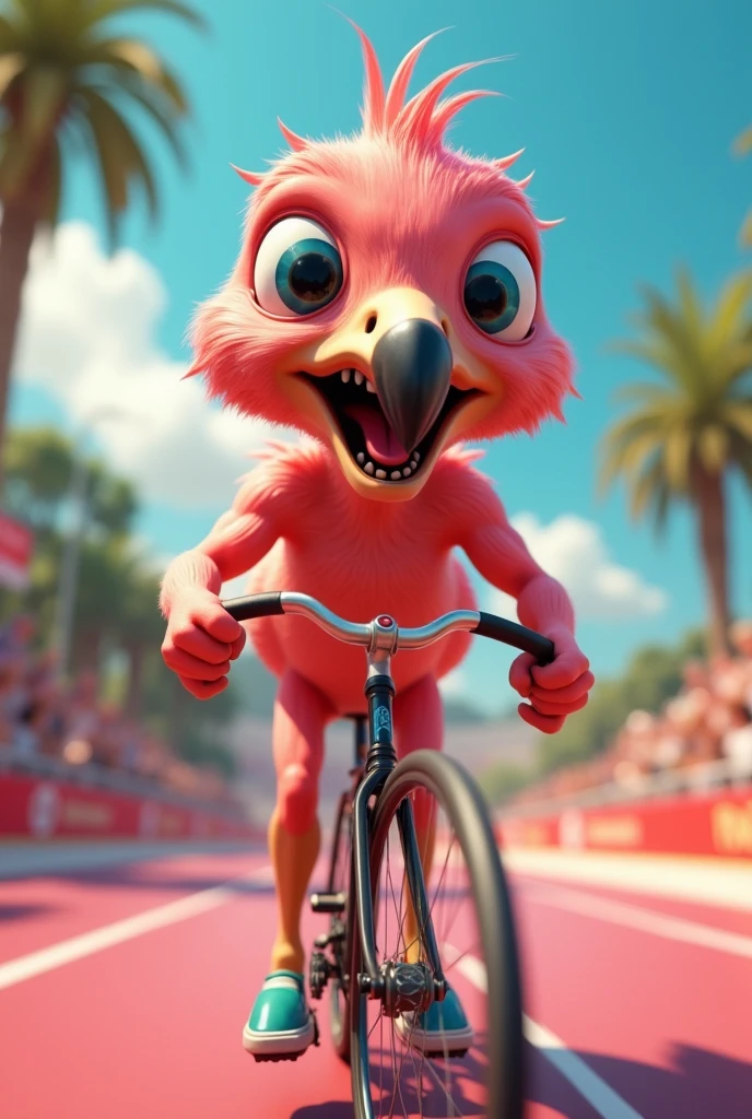 (chibi Emoji Meme), stock art style, funny photo portrait of a grotesque (Olympic bicycle athlete flamingo), athlete suit, (upper body), cute big eyes, Olympic background, emoticon. emotional, dynamic movement, vivid, (masterpiece, best quality, absurdres, ultra-detailed, intricate details:1.3)