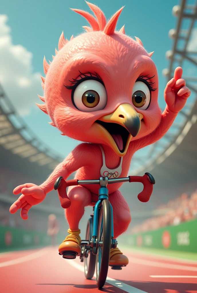(chibi Emoji Meme), stock art style, funny photo portrait of a grotesque (Olympic bicycle athlete flamingo), athlete suit, (upper body), cute big eyes, Olympic background, emoticon. emotional, dynamic movement, vivid, (masterpiece, best quality, absurdres, ultra-detailed, intricate details:1.3)