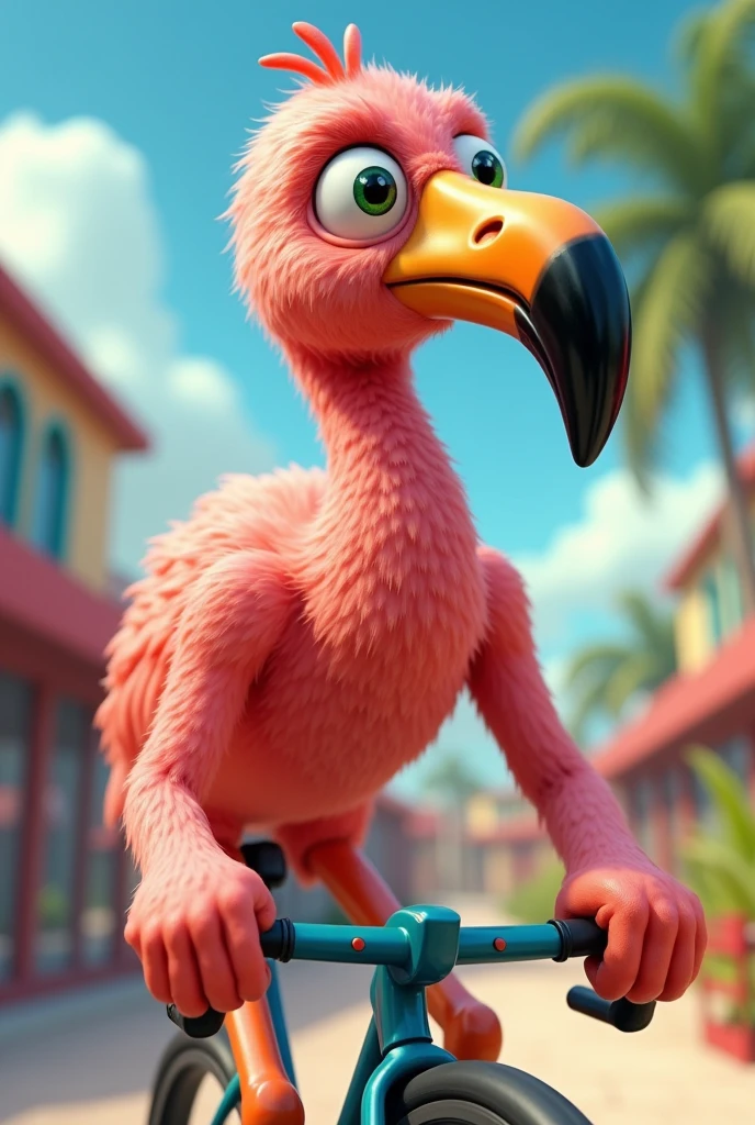 (chibi Emoji Meme), stock art style, funny photo portrait of a grotesque (Olympic bicycle athlete flamingo), athlete suit, (upper body), cute big eyes, Olympic background, emoticon. emotional, dynamic movement, vivid, (masterpiece, best quality, absurdres, ultra-detailed, intricate details:1.3)