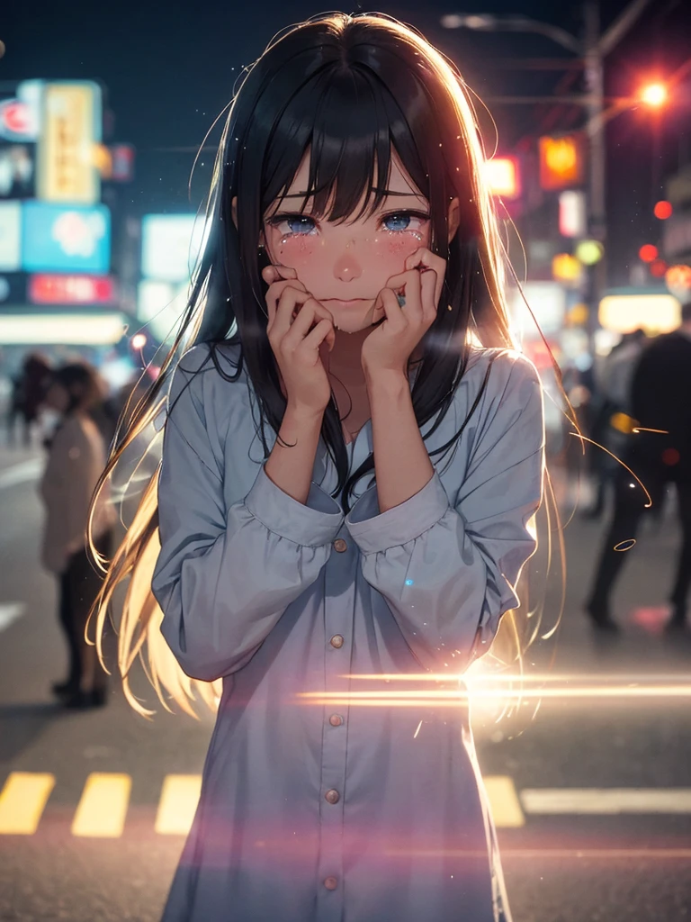 (Sumilux f1.4 50mm , low Latitude old color negative film , cross process , (bokeh), flare, chromatic aberration , soft focus, (Shallow focus) , soft glow , Maximum aperture, high Key , Transparent depiction , Tyndall)  , Tokyo city street, intersection, Many people crossing the scramble intersection , crying girl , twilight , (focus face) , (front view) , moist eyes , Slanted mouth , Big tears spill down , (Long exposure, moving car tail lights)