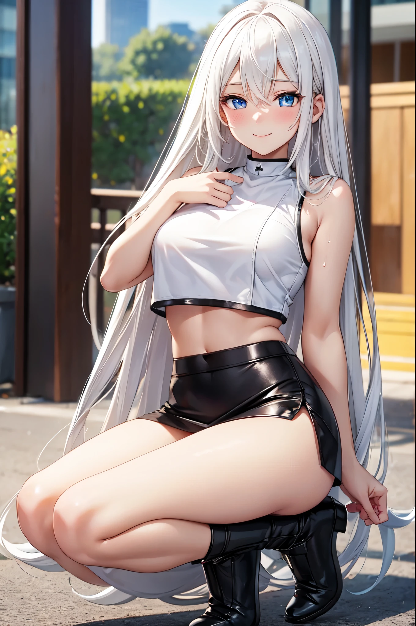 (High quality, High resolution, Fine details), BREAK (white crop top, black leather short skirt, black panties), solo, women, BREAK white long hair, sparkling eyes, (Detailed eyes:1.2), smile, blush, Sweat, Oily skin, shallow depth of field, full body, seductive, spicy,