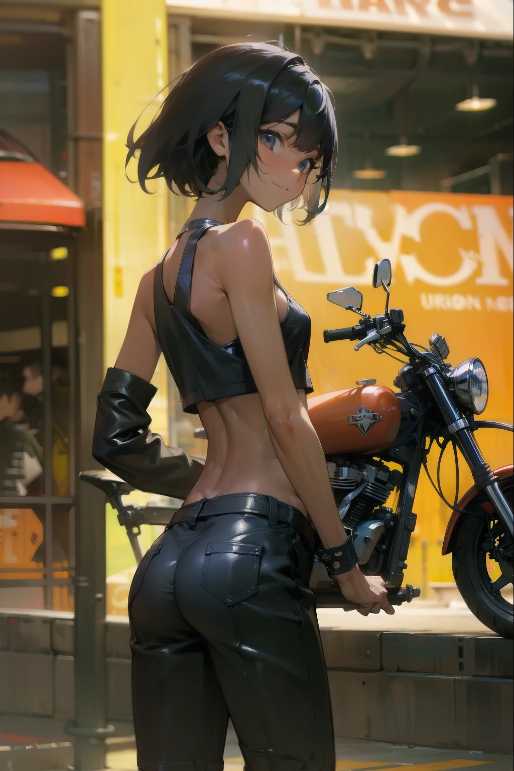 (cowboy shot),(Perfect Anatomy,top-quality、back style,The ultra -The high-definition、hight resolution、extremely details CG、8K Unit Wallpapers),20-year-old、solo,Beautiful detailed eyes,black hair,shor bob hair,blunt bang,(small breasts,slender body,skinny),gleaming skin,oily skin,(punk fashion、leather jacket、Tank top、military pants、combat boots),(drive a motorcycle,Harley-Davidson,),on road,Tokyo,at night、