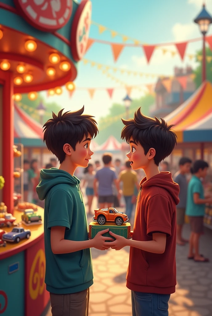 Big brother of 15 years old buying a toy car for his younger brother in a fair with many rides , stalls and people