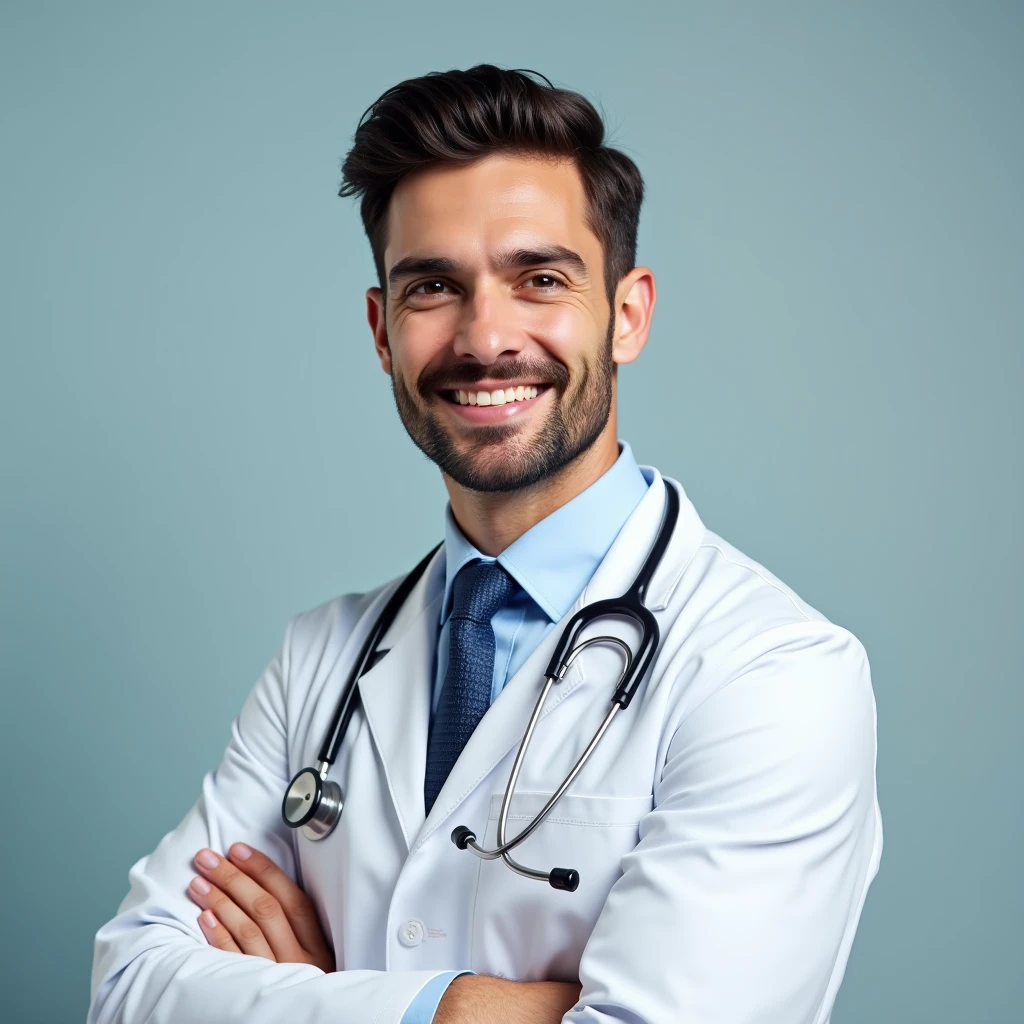 Can you create a profile picture for a 30 year old doctor in medical school? The doctor has a white coat and a stretoscope around his neck. I wan t to realictick