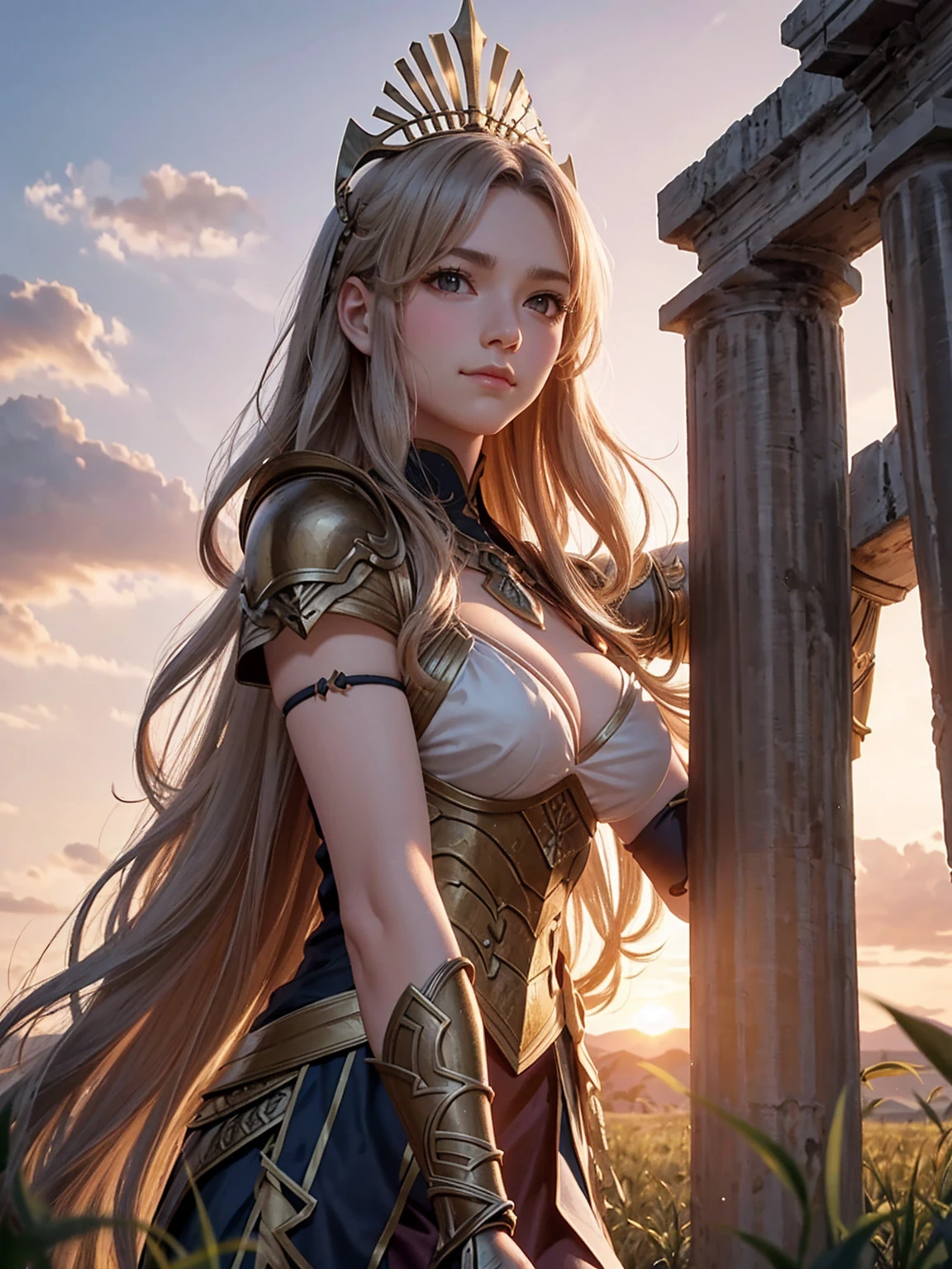 carmilla, (ancient greece armor:1.2), fluttering hair, long wavy hair, long curl hair, (upper body from below:1.2), blush, gentle smile, hands on breasts, in grassland, sunset