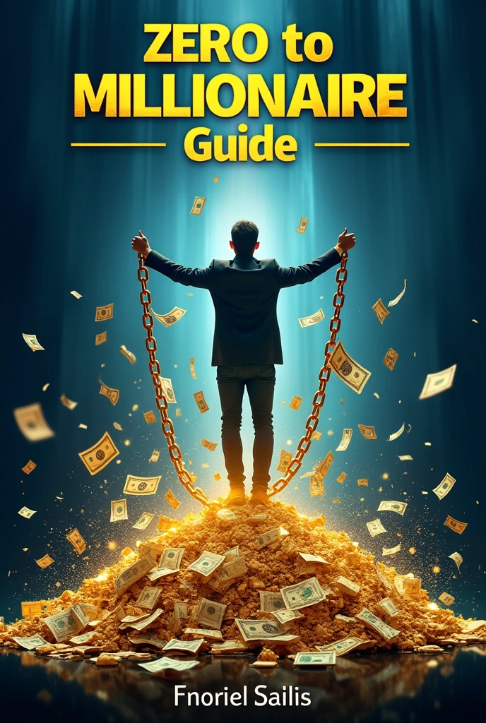 Title: Zero to Millionaire Guide: 5 Online Business Strategies for Success
Design: Create a high-quality 2D ebook cover. The cover should feature a person breaking free from chains that symbolize poverty, with a dramatic rise to wealth. Surround the person with gold and money to signify success. Use a professional and modern design with a clean, polished layout. Incorporate blue and gold colors for a sophisticated look. Ensure the image is high-resolution and visually impactful.
Title: Zero to Millionaire Guide: 5 Online Business Strategies for Success