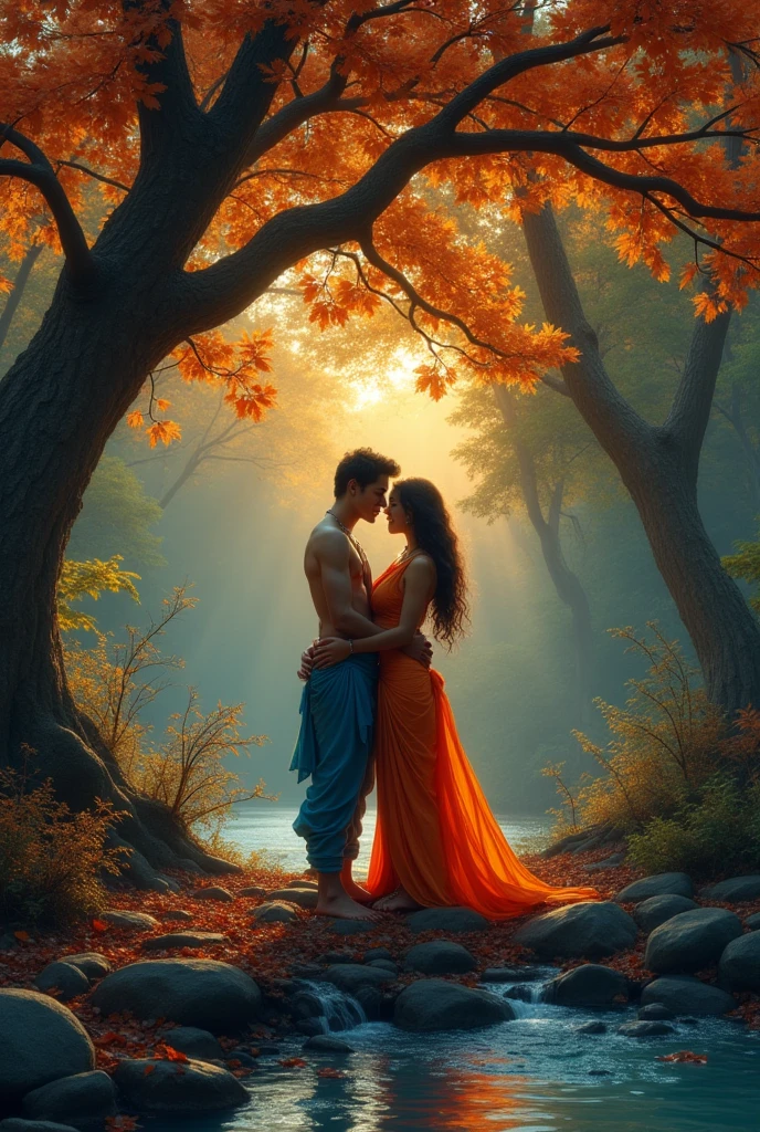 Radha Krishna romantic hot sex in a jungle at the dusk below a tree, over autumn leaves. Beside flowing blue water river