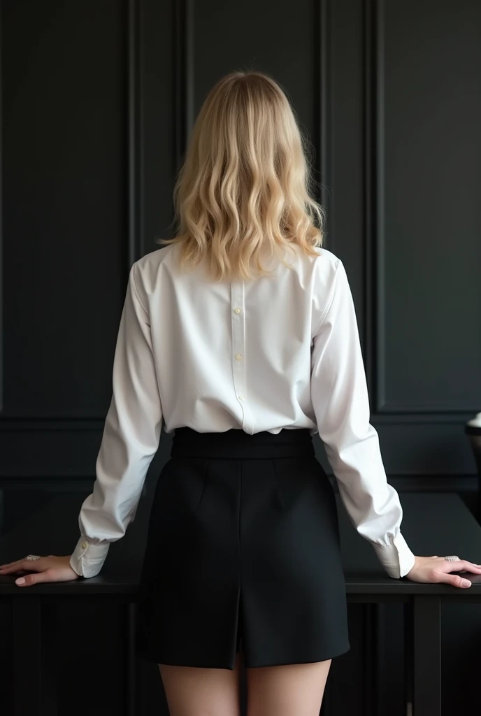 a 16years old , blonde, white shirt,black short skirt, super huge ,very white skin tone, standing behind of a black table, a black wall as background
taking a realistic far view photo 