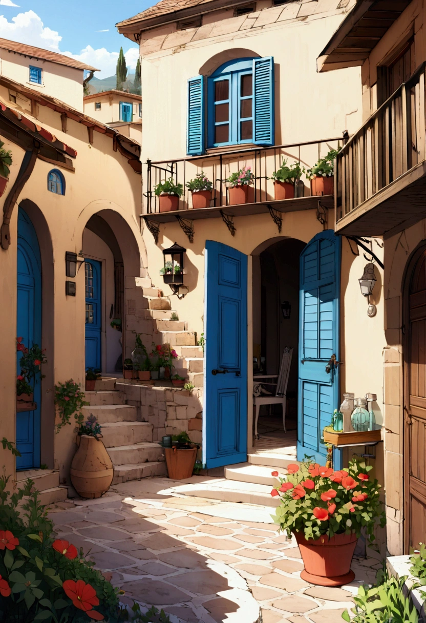 a house with a blue door and a balcony, mediterranean architecture, ancient mediterranean village, mediterranean vista, in a mediterranean landscapes, beautiful house, mediterranean landscape, great level of detail, flowery cottage, quaint village, idyllic cottage, awesome greate composition, old house