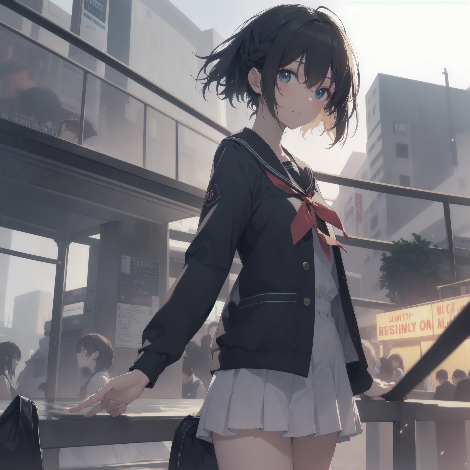 ultra-absurdres-Top quality by artist God, ultra-detailed, high resolution, anime moe artstyle, best anime 8k konachan wallpaper, pixiv contest winner, pool:2810, perfect anatomy,break, 1girl, (Please draw a girl walking sleepily to school alone. )break,(Solo,little female, 13-year-old:1.3),Full limbs, complete fingers,a junior high school student, (very short hair), short cut, flat chest, , small butt, small black eyes, beautiful detailed eyes, well-proportioned iris and pupils, expressive eyes, highres detailed hair, soft expression, salor school_uniform, sailor collar, serahuku, bow, pleated skirt,(Detailed Lighting), (Detailed background), in the School commute route. break,super detailed skin, Best cinematic lighting powered by famous artist, 8k,beauty illustration,photoshop_(medium),very aesthetic,break,((artist:yuureidoushi_(yuurei6214) )), artist:clamp ,artist:carnelian ,artist:kantoku ,