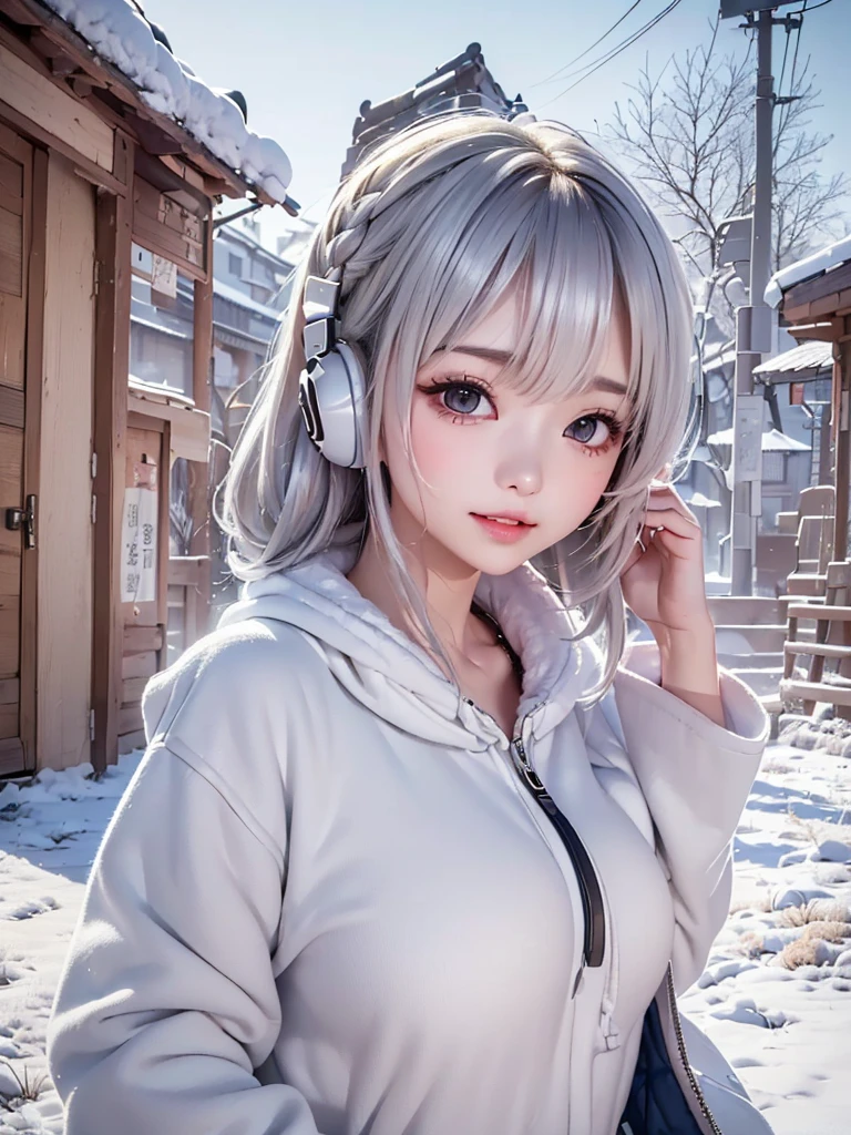 ((cute girl, face, style of painting)).(Upper body portrait:1.5)((masterpiece:1.5))((alone、Huge headphones:1.5、A woman wearing a large duffle coat、Shorts、コートでShortsが隠れる、Put your hands in your pockets、Detailed face、Big Eyes、Bright expression、Big beautiful breasts、Best Looks、Ultimate beauty、Shiny silver hair with highlights、明るい and shiny hair,、Modern Hairstyles、Hair dancing in the wind))(morning、Countryside Winter、Abandoned station platform)Please look away from here、Beautiful profile
