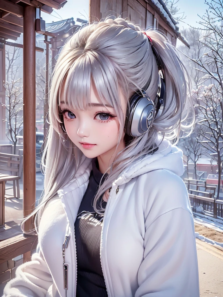 ((cute girl, face, style of painting)).(Upper body portrait:1.5)((masterpiece:1.5))((alone、Huge headphones:1.5、A woman wearing a large duffle coat、Shorts、コートでShortsが隠れる、Put your hands in your pockets、Detailed face、Big Eyes、Bright expression、Big beautiful breasts、Best Looks、Ultimate beauty、Shiny silver hair with highlights、明るい and shiny hair,、Modern Hairstyles、Hair dancing in the wind))(morning、Countryside Winter、Abandoned station platform)Please look away from here、Beautiful profile
