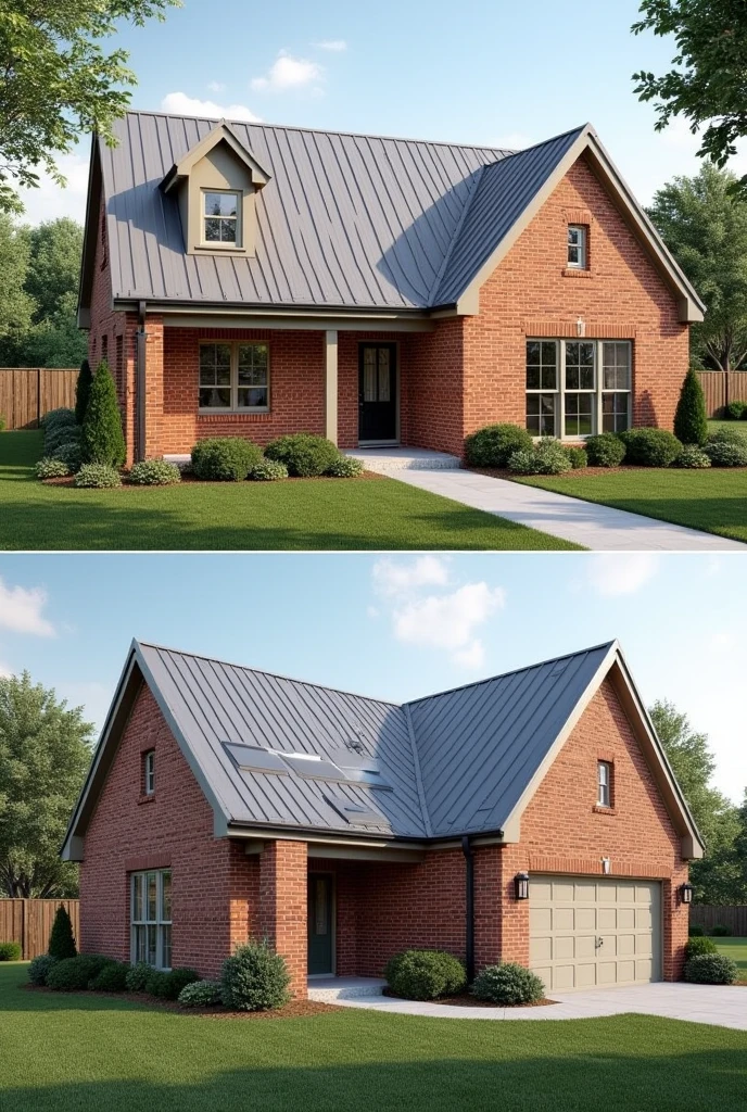 Generate an image of a house made of bricks, two bedrooms of an area of about 144 square feet each and a living room of about 224 square feet and roofing made of gal sheets