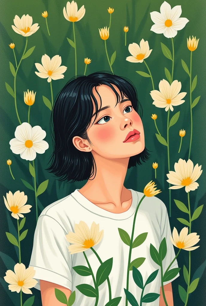 A painting，The painting shows a man wearing a white shirt and green leaves, Woman in flowers, Girl in the flowers, Inspired by Lois Dodd, Inspired by Eugene Glaser, Inspired by Emily Murray Patterson, inspired by Pascale Campion, Alex Katz (Alex Katz) of inspiration, Inspired by Hsiao-Ron Cheng, author：Tatsujima Yuko