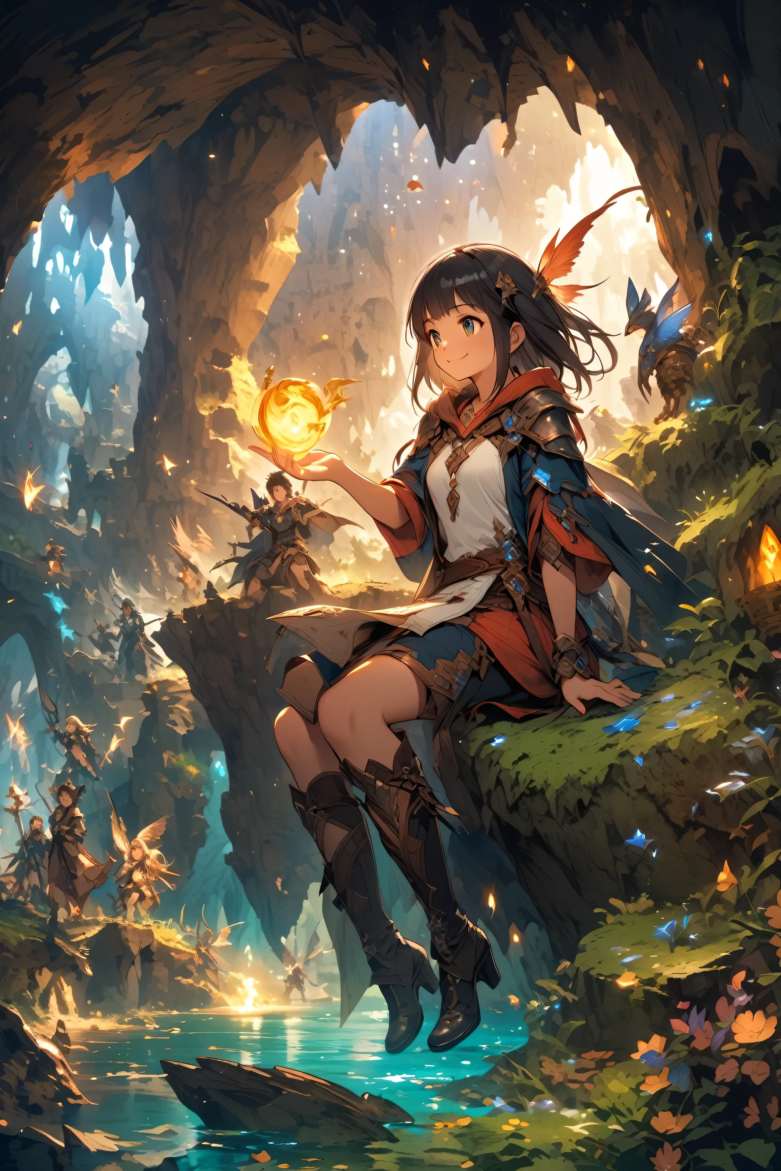 One Woman,20-year-old,((smile)),((,,(Black Hair,((Fantasy,cave))