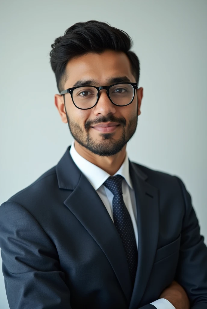 confident 23-year-old brown Indian man with sharp jawline wearing a suit and frameless spectacle , with a formal hairstyle posing for a LinkedIn profile .The overall atmosphere of the image exudes professionalism, ambition, and a touch of personality.