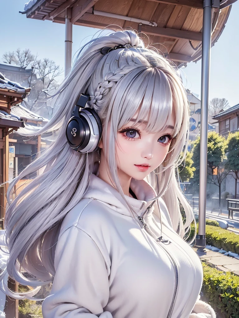 ((cute girl, face, style of painting)).(Upper body portrait:1.5)((masterpiece:1.5))((alone、Huge headphones:1.5、A woman wearing a large duffle coat、Shorts、コートでShortsが隠れる、Put your hands in your pockets、Detailed face、Big Eyes、Bright expression、Big beautiful breasts、Best Looks、Ultimate beauty、Shiny silver hair with highlights、明るい and shiny hair,、Modern Hairstyles、Hair dancing in the wind))(morning、Countryside Winter、Abandoned station platform)Please look away from here、Beautiful profile
