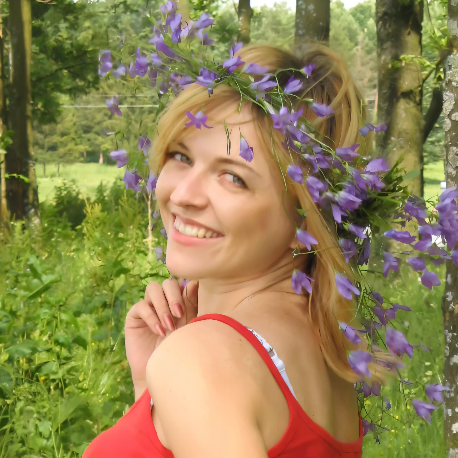woman in red dress with flower crown on her head, with flowers, wear a headdress with a flower, in a field with flowers