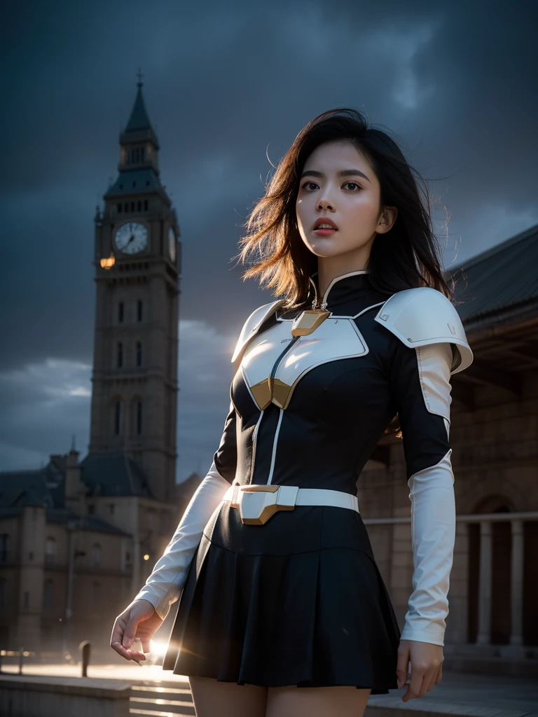 photorealistic, detailed face, detailed eyes, detailed lips, beautiful woman, hourglass figure, natural lighting, high quality, hyperrealistic, 8k, cinematic, dramatic lighting, chiaroscuro, neoclassical, oil painting,abadon city, battle,gundam mobil suit skirt, cybrog,jump out of tower, 