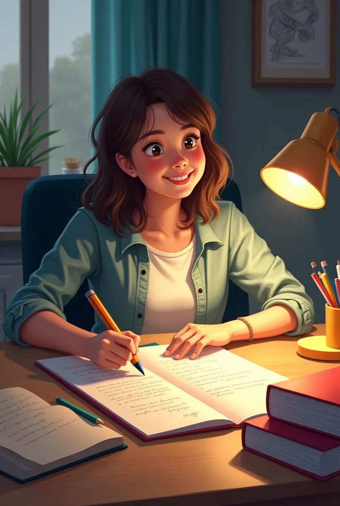 Create an image showing a student who has completed their assignment. The scene should include a study table or desk with books and school supplies., where you see a notebook or a sheet of paper with completed tasks. The student may be sitting at the table with an expression of satisfaction or relief., perhaps stretching or looking at the finished work with a smile. Add details that suggest a study environment, like a desk lamp and a comfortable chair. The atmosphere should be positive and reflect the accomplishment of having completed the task., detailed, masterpiece, Best Quality, High resolution