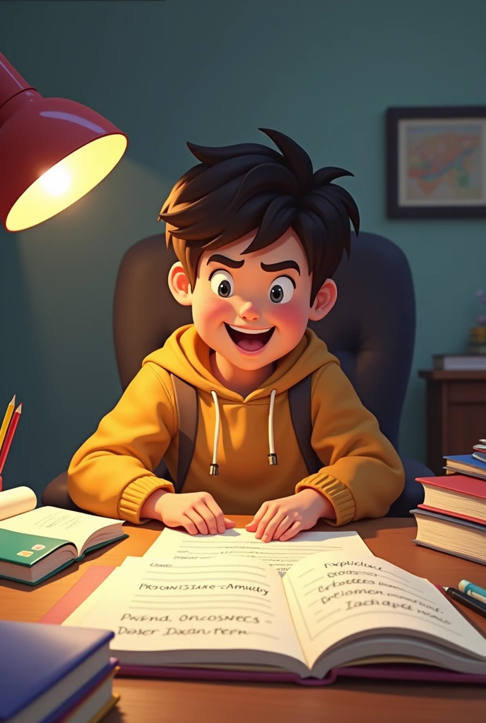 Create an image showing a student who has completed their assignment. The scene should include a study table or desk with books and school supplies., where you see a notebook or a sheet of paper with completed tasks. The student may be sitting at the table with an expression of satisfaction or relief., perhaps stretching or looking at the finished work with a smile. Add details that suggest a study environment, like a desk lamp and a comfortable chair. The atmosphere should be positive and reflect the accomplishment of having completed the task., detailed, masterpiece, Best Quality, High resolution