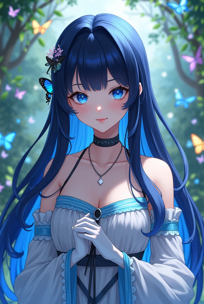 Demon slayer.has navy blue eyes with sparks.has dark black hair coveringe backside coloured with navy blue.has a white and light blue cute short dress. White gloves and black necklace, has a cld expression and the background is in the nice butterfly garden