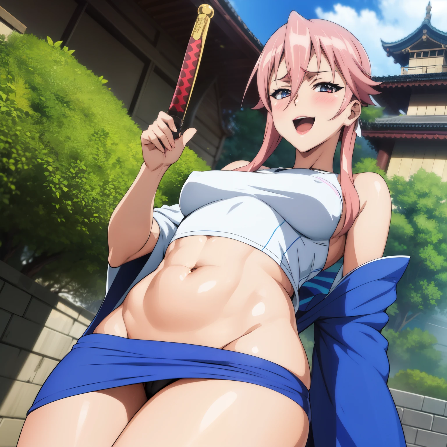 2girl, two girls, long hair, blush, lipstick, evil smile, Hot girl, baddie, bad attitude, mean girl, crazy, smoking, sensual, attractive , masterpiece, best quality, highly detailed, a anime girl in kimono dress ,holding sword, bare shoulder,open kimono, evil smile, open mouth, crop top , (nsfw) not safe for work, smile, ecchi anime style, anime girls, ecchi style, ecchi, digital anime art!!, in anime style, official artwork, visual novel cg, beautiful anime girl, anime style 4 k, kimono pencil skirt, exposed belly, exposed navel, exposed midriff, exposed lower belly, outdoor, japanese architecture, temple