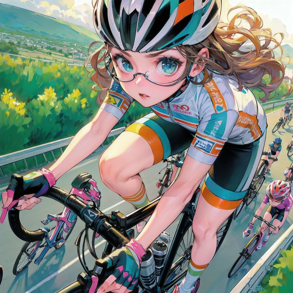  masterpiece, (textured skin), best quality, gorgeous beautiful girl, (a female cycling athlete), detailed clothes,large breasts,narrow waist,, (beautiful face), cinematic lighting, (at cycling venue ),