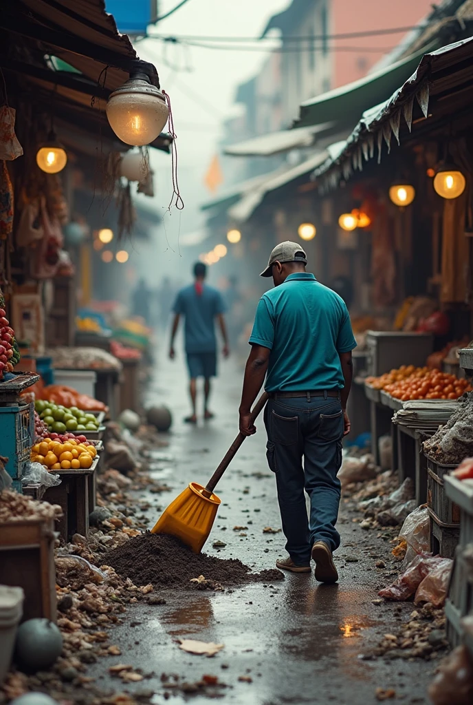 The scene of cleaning the dirt and garbage of the market