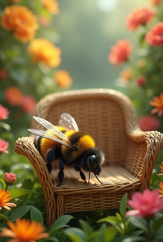 Bee, chilling on chair, in garden